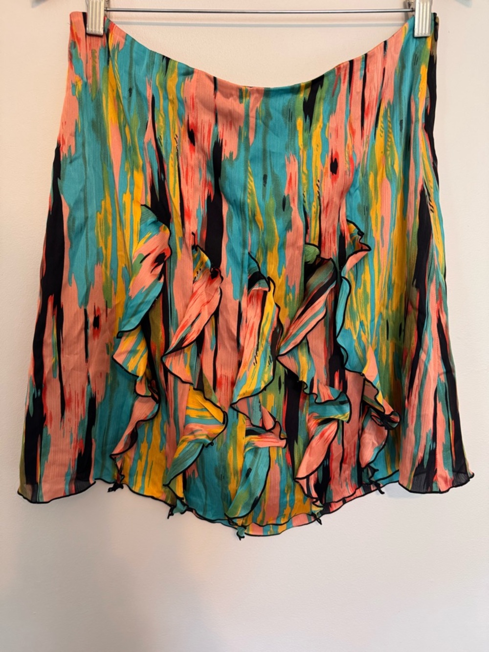 Mac & Jac Multicolor Ruffle A-Line Skirt - Teal, Coral & Yellow Size 12